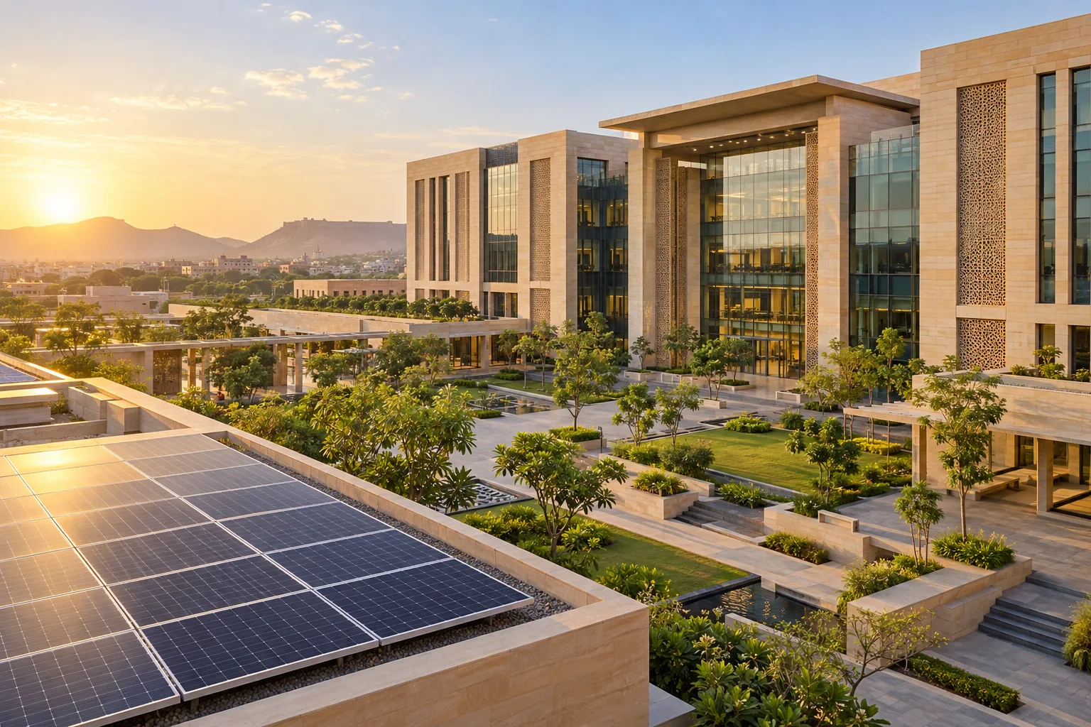 Illustrative modern commercial building with rooftop solar panels
